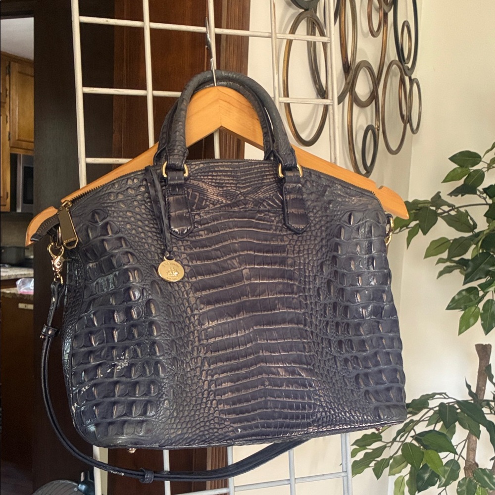 Croc-Embossed Navy Leather Satchel with Gold Charm